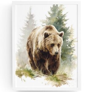 Watercolor Brown Bear Forest Wall Art Print, Unframed Misty Grizzly Illustration